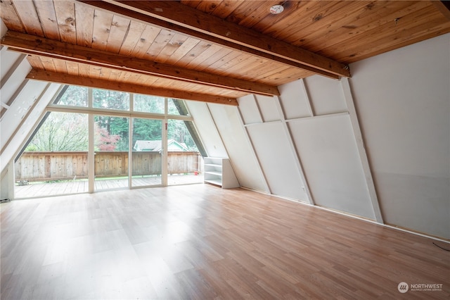 interior space featuring light wood-type flooring, wood ceiling, and beam ceiling