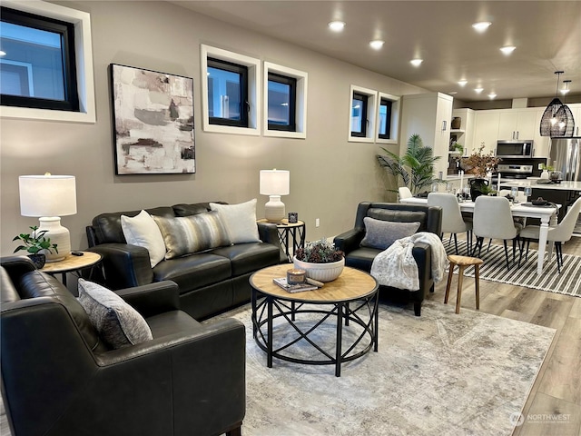 living room with light hardwood / wood-style flooring