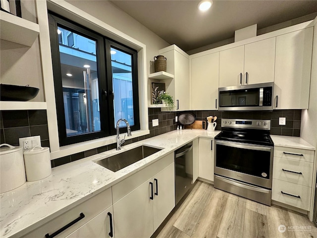 kitchen with stainless steel appliances, sink, white cabinets, backsplash, and light stone countertops