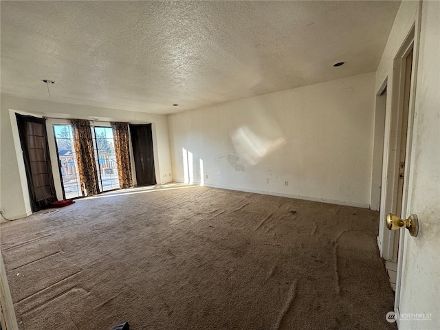 unfurnished room featuring a textured ceiling and carpet flooring