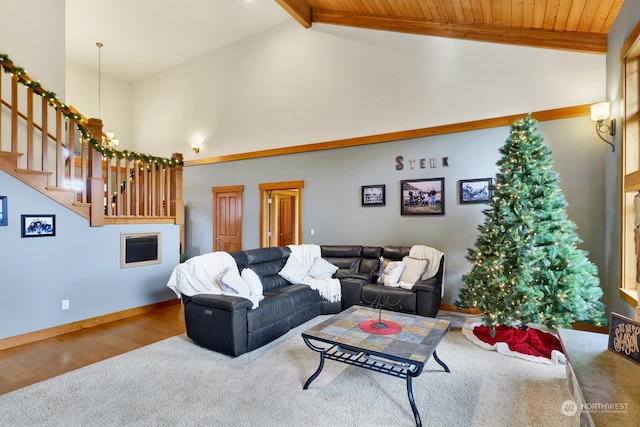 living room with wood ceiling, wood-type flooring, beam ceiling, high vaulted ceiling, and a notable chandelier