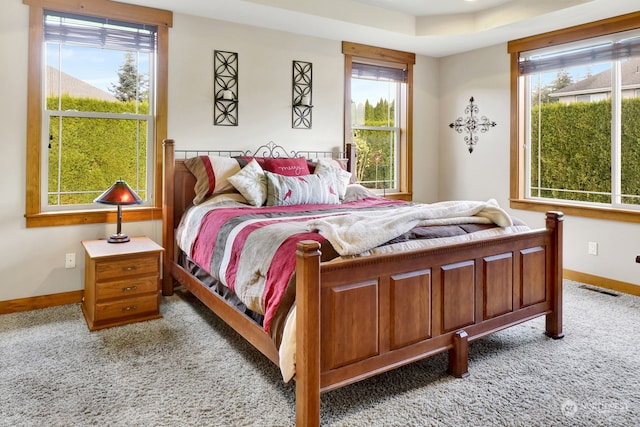 bedroom featuring light carpet and multiple windows