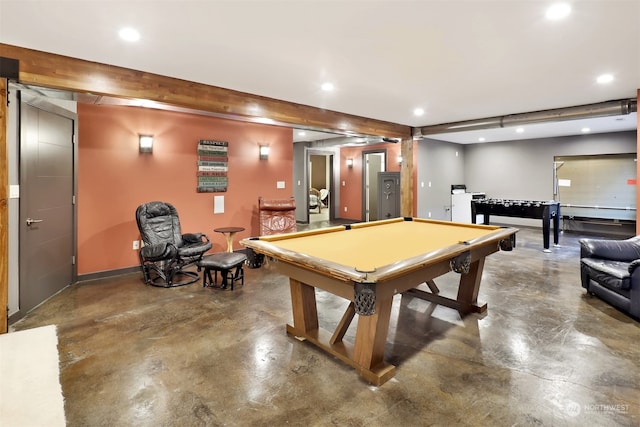 game room with beamed ceiling, concrete flooring, and billiards