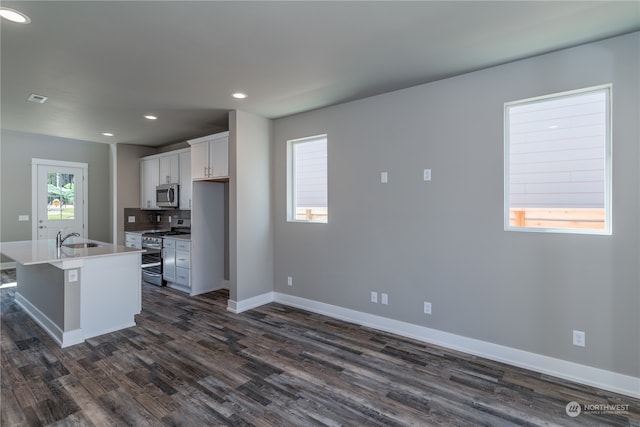 kitchen with appliances with stainless steel finishes, sink, dark hardwood / wood-style floors, and a kitchen island with sink