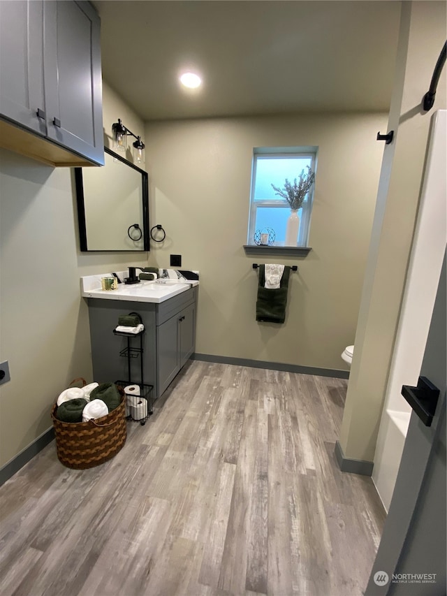 bathroom featuring toilet, vanity, and hardwood / wood-style flooring