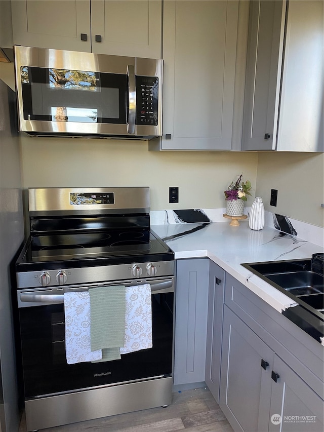 kitchen featuring gray cabinetry, light hardwood / wood-style floors, sink, and stainless steel appliances