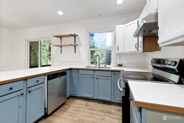 22222 Bluewater Dr SE, Yelm, WA 98597 - kitchen with appliances with stainless steel finishes, a sink, ventilation hood, crown molding, and blue cabinets
