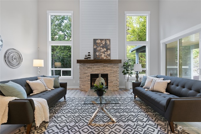 living room featuring hardwood / wood-style floors, a towering ceiling, and a wealth of natural light