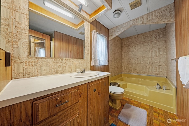 bathroom with vanity, toilet, and a washtub