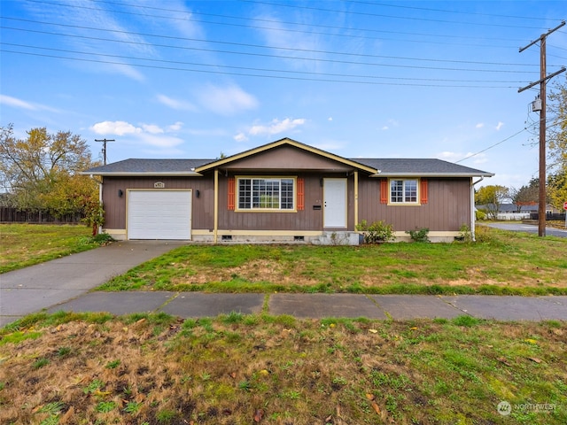 single story home with a front lawn and a garage