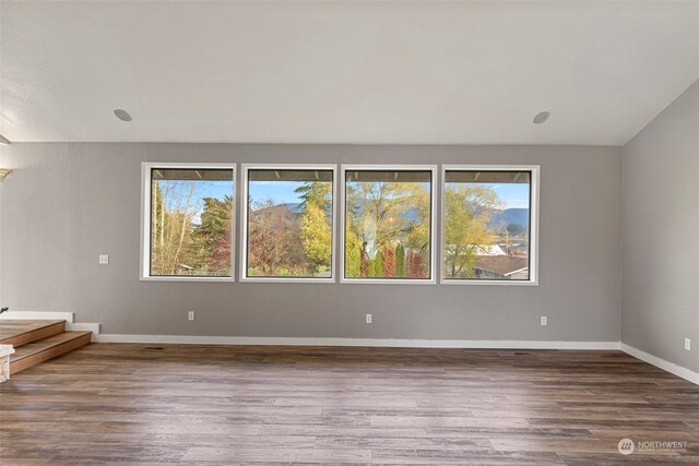 unfurnished room with dark wood-type flooring and vaulted ceiling