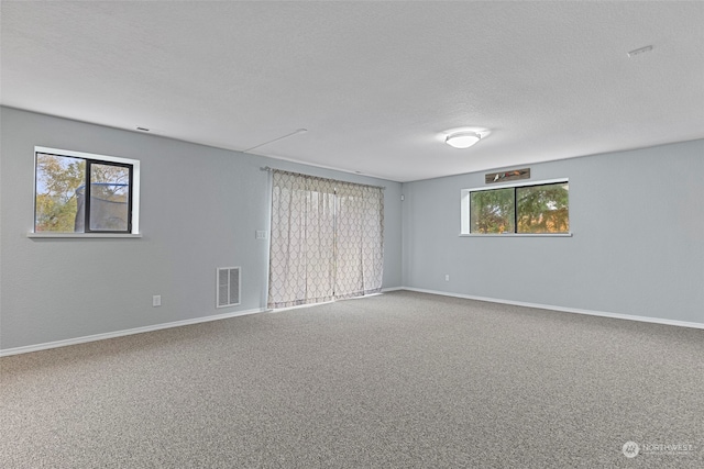 unfurnished room featuring carpet and a textured ceiling