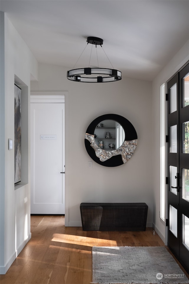 entryway with hardwood / wood-style flooring, a chandelier, vaulted ceiling, and a wealth of natural light