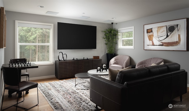 living room with a wealth of natural light and light hardwood / wood-style floors