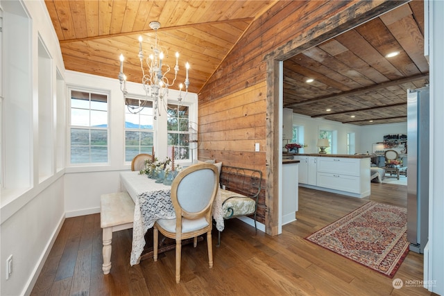 dining room featuring dark wood-type flooring, wood ceiling, and vaulted ceiling