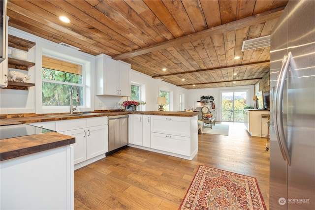 kitchen featuring stainless steel appliances, butcher block counters, wood ceiling, and light hardwood / wood-style floors