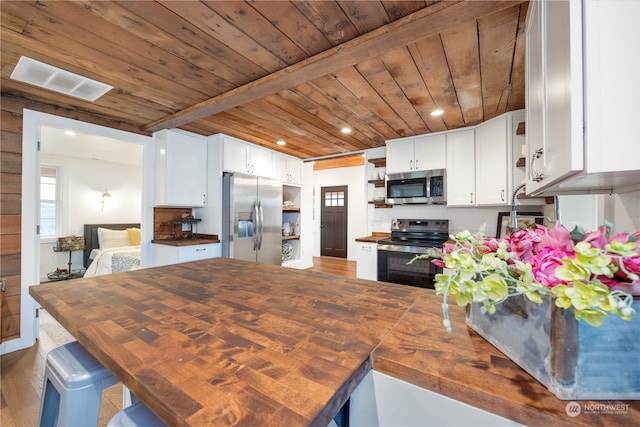 kitchen with wooden counters, white cabinetry, appliances with stainless steel finishes, and beamed ceiling