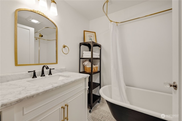 bathroom featuring shower / tub combo, vanity, and tile patterned flooring