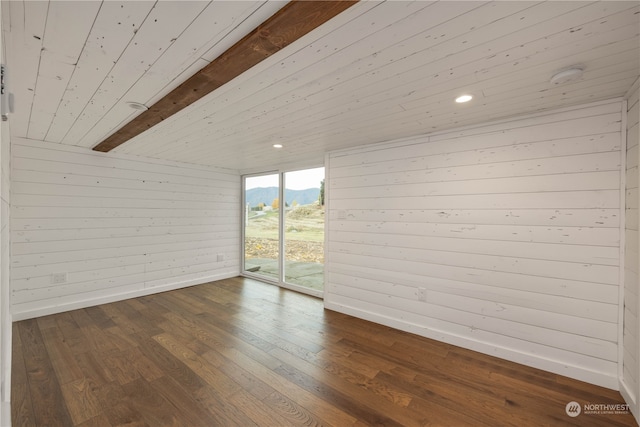 empty room with beamed ceiling, wooden walls, wood-type flooring, and wood ceiling