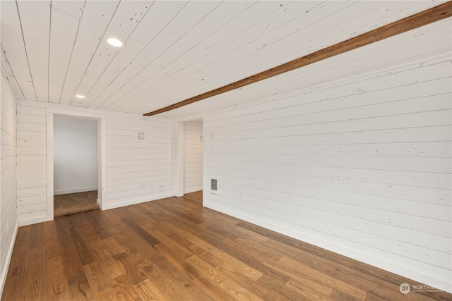 spare room featuring wood walls, wood ceiling, and hardwood / wood-style flooring