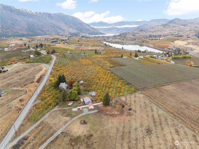 birds eye view of property with a water and mountain view and a rural view