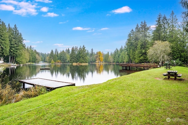 view of dock featuring a lawn and a water view