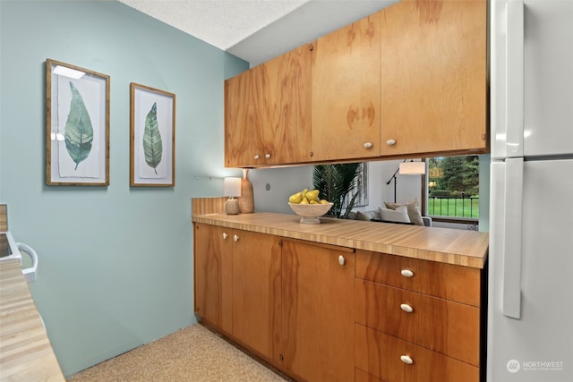 kitchen with a textured ceiling and white fridge