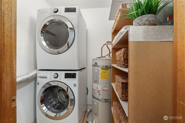 laundry area featuring secured water heater and stacked washer and dryer