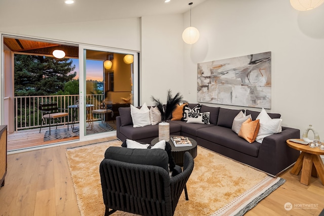 living room featuring hardwood / wood-style floors and lofted ceiling