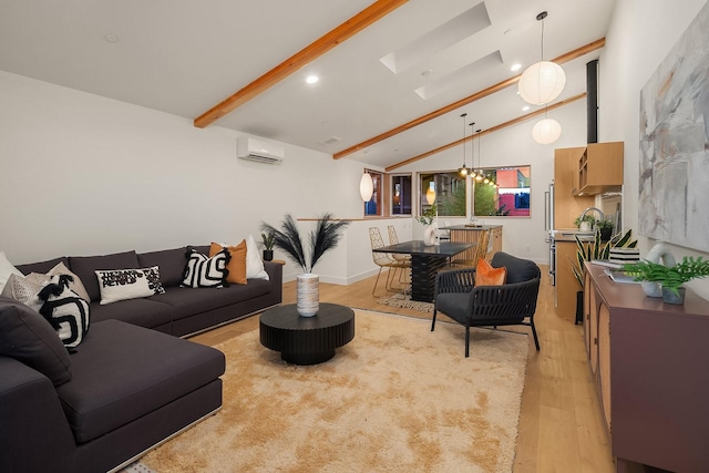 living room featuring high vaulted ceiling, an AC wall unit, a notable chandelier, beamed ceiling, and light hardwood / wood-style floors