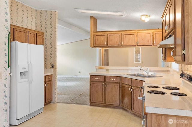 kitchen with kitchen peninsula, white appliances, and sink