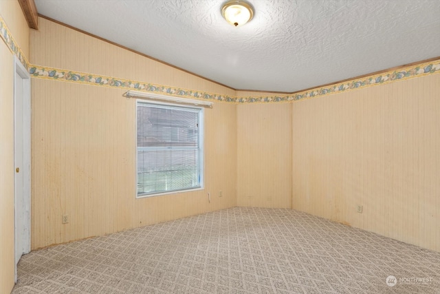 unfurnished room featuring a textured ceiling and lofted ceiling