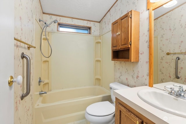 full bathroom featuring shower / bathtub combination, vanity, a textured ceiling, and toilet