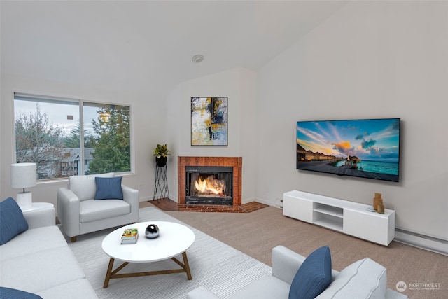 living room with light carpet, a baseboard heating unit, and lofted ceiling