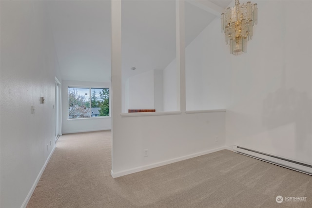 interior space with a baseboard heating unit, a chandelier, high vaulted ceiling, and light carpet