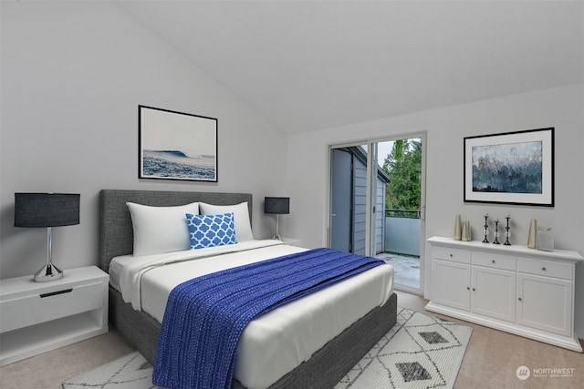 bedroom with access to outside, lofted ceiling, and light colored carpet