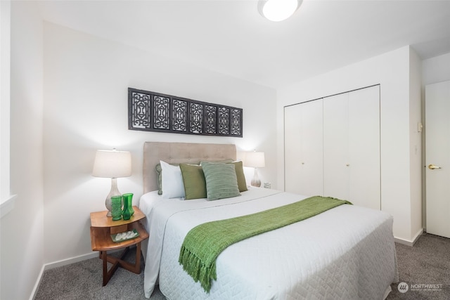 bedroom with carpet flooring and a closet