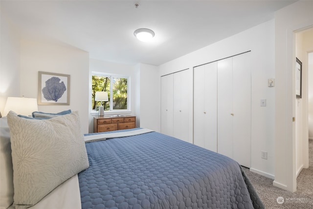 carpeted bedroom featuring two closets