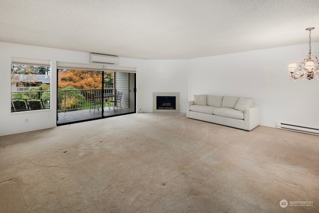 unfurnished living room with a wall mounted air conditioner, light carpet, a textured ceiling, a baseboard radiator, and an inviting chandelier