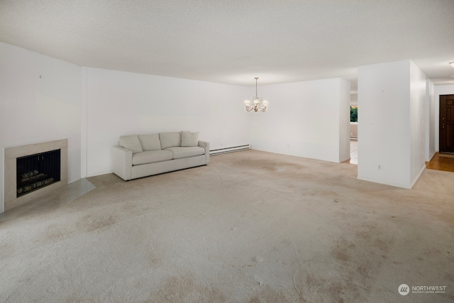 unfurnished living room with light carpet, an inviting chandelier, and baseboard heating