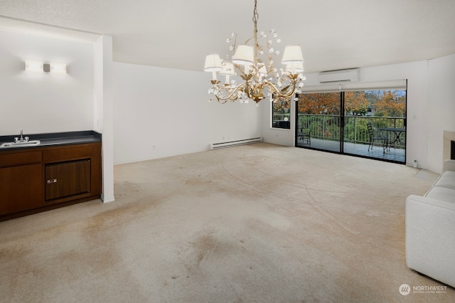 unfurnished dining area with light carpet, baseboard heating, sink, an inviting chandelier, and an AC wall unit