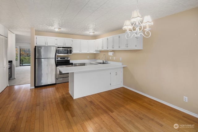 kitchen with white cabinetry, sink, stainless steel appliances, kitchen peninsula, and light wood-type flooring