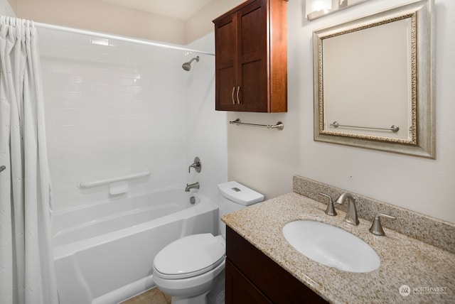 full bathroom featuring shower / bath combo, toilet, and vanity