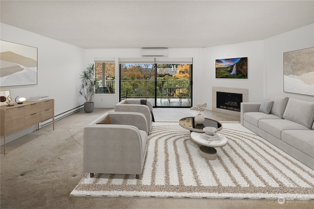 living room with light colored carpet, a baseboard radiator, and a wall mounted AC