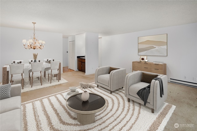 living room featuring a textured ceiling, a baseboard radiator, an inviting chandelier, and light colored carpet