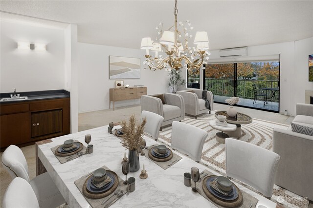 dining room with a wall mounted air conditioner, an inviting chandelier, and sink