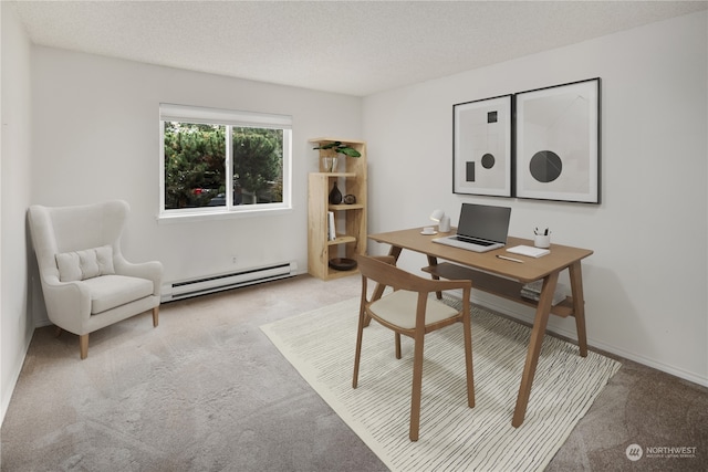 carpeted office space featuring a textured ceiling and a baseboard heating unit