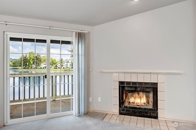 details featuring carpet and a tiled fireplace