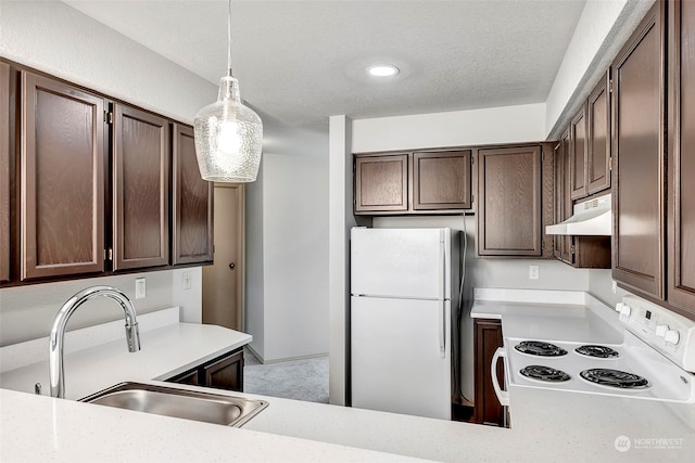 kitchen with white appliances, a textured ceiling, dark brown cabinetry, sink, and pendant lighting