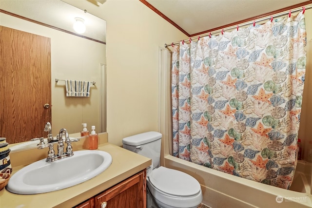 full bathroom with toilet, a textured ceiling, vanity, and shower / tub combo with curtain